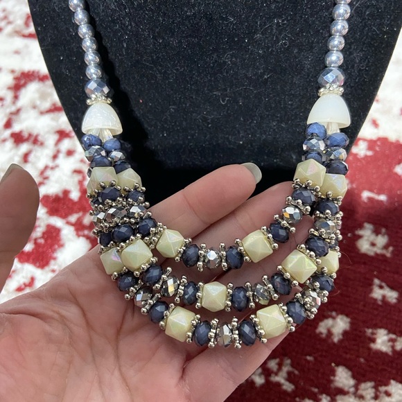 Silver Tone, Deep Smoky Blue and White triple Layered Necklace - Picture 2 of 3